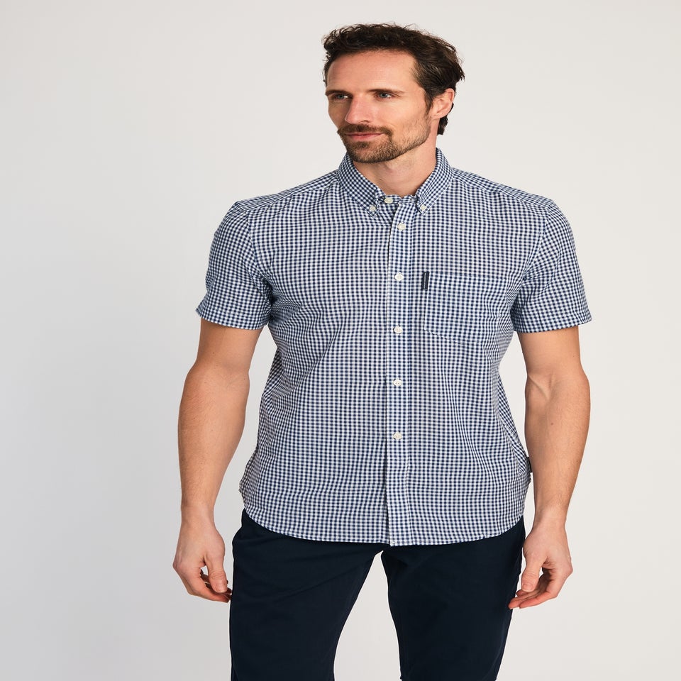 French Connection Blue Cotton Short Sleeve Gingham Chest Pocket Shirt