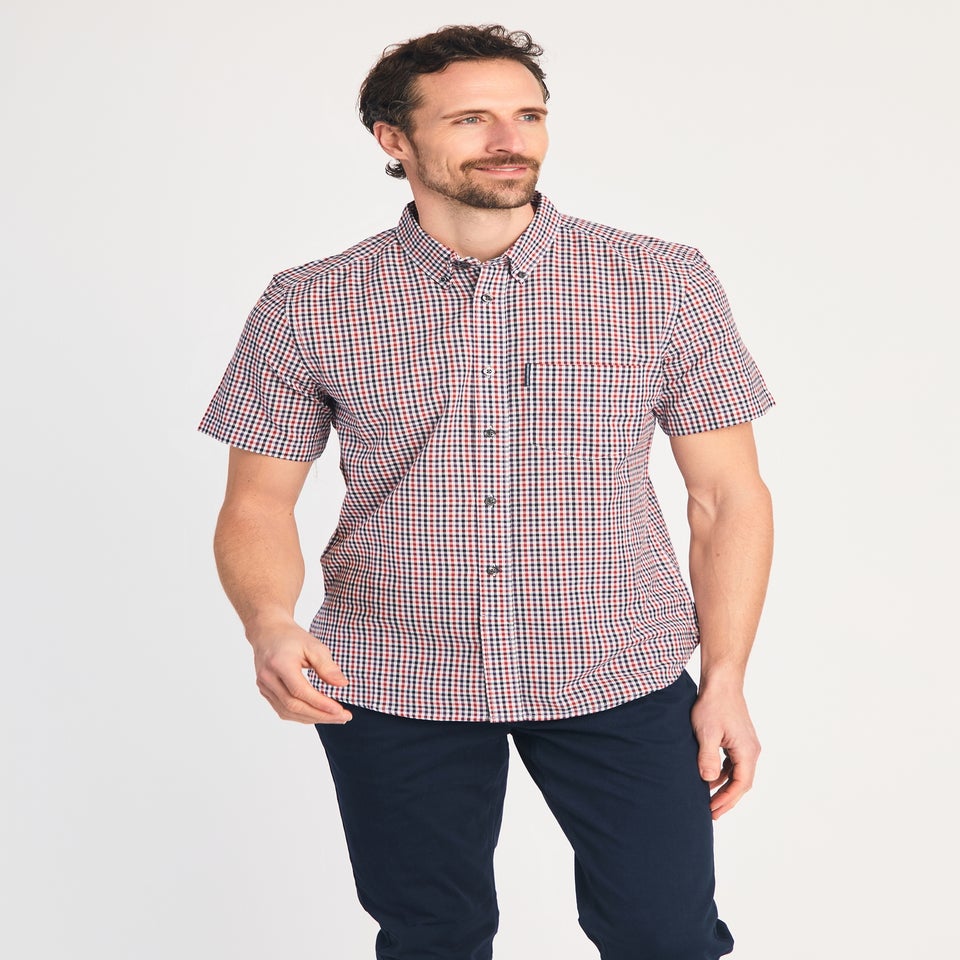 French Connection Red Cotton Short Sleeve Gingham Chest Pocket Shirt