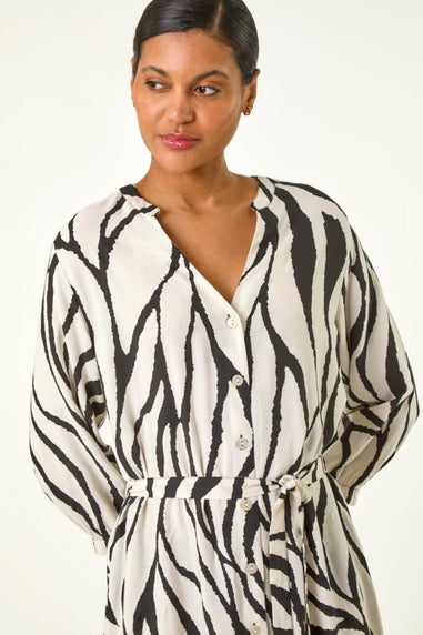Roman Ivory Abstract Border Tie Shirt Dress