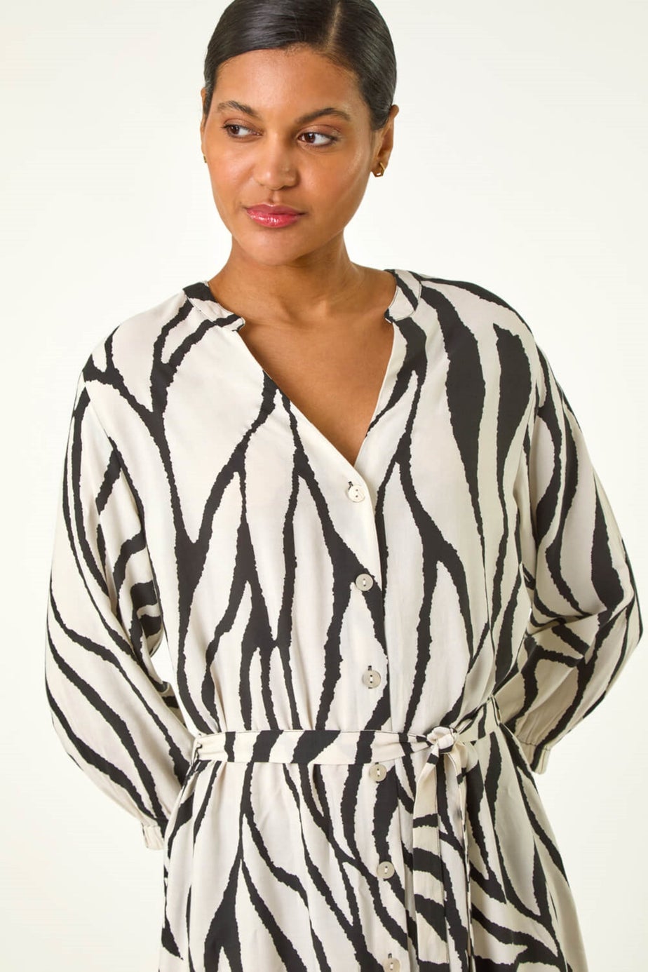Roman Ivory Abstract Border Tie Shirt Dress