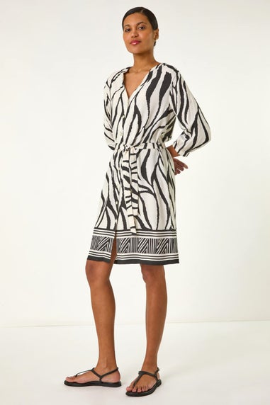 Roman Ivory Abstract Border Tie Shirt Dress