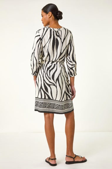 Roman Ivory Abstract Border Tie Shirt Dress