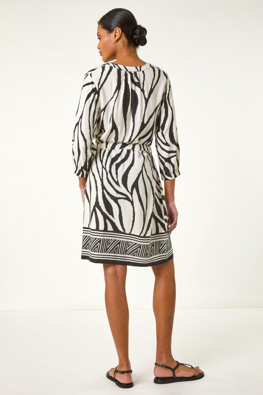 Roman Ivory Abstract Border Tie Shirt Dress
