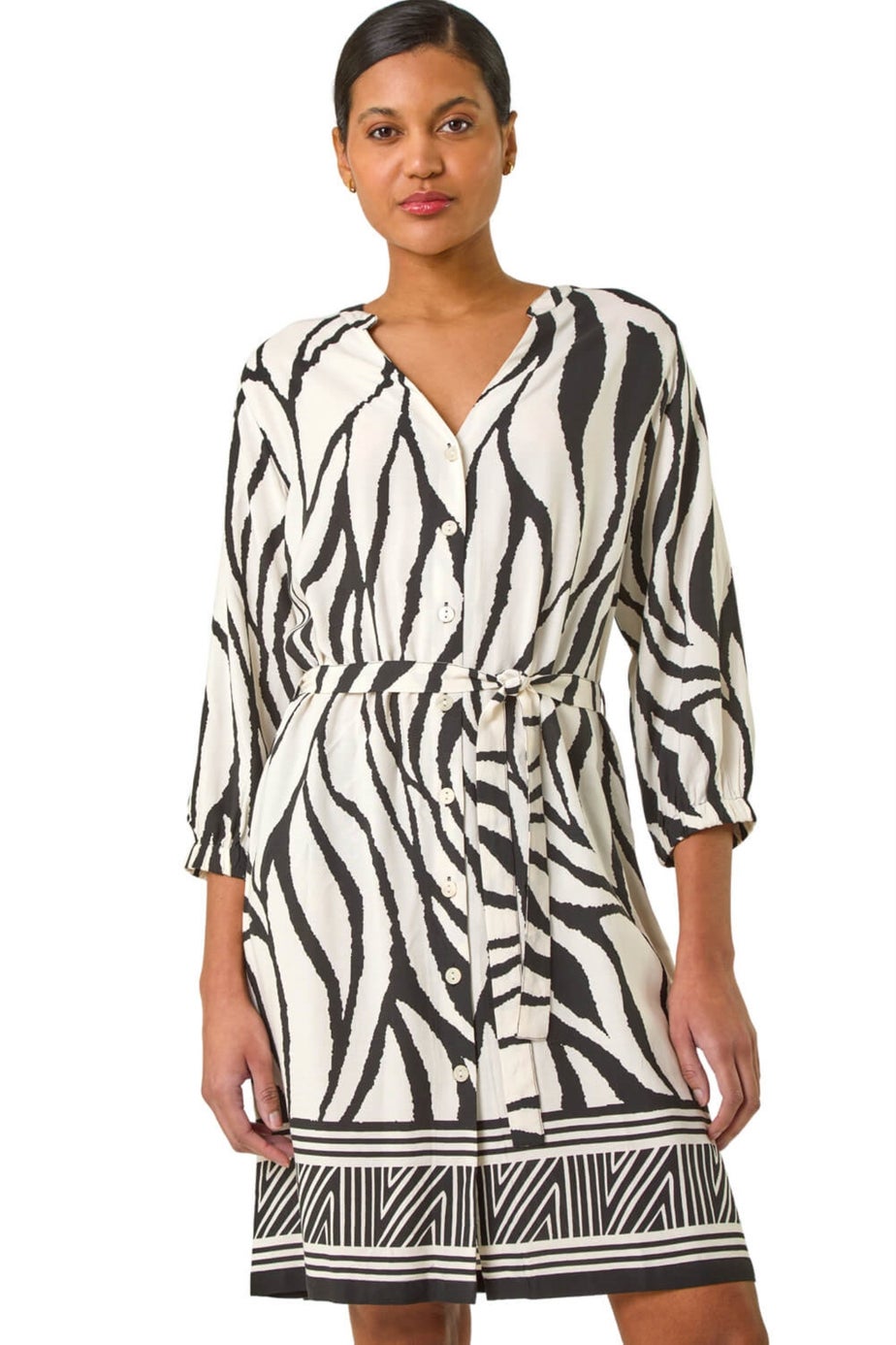 Roman Ivory Abstract Border Tie Shirt Dress