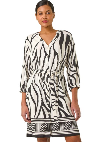 Roman Ivory Abstract Border Tie Shirt Dress