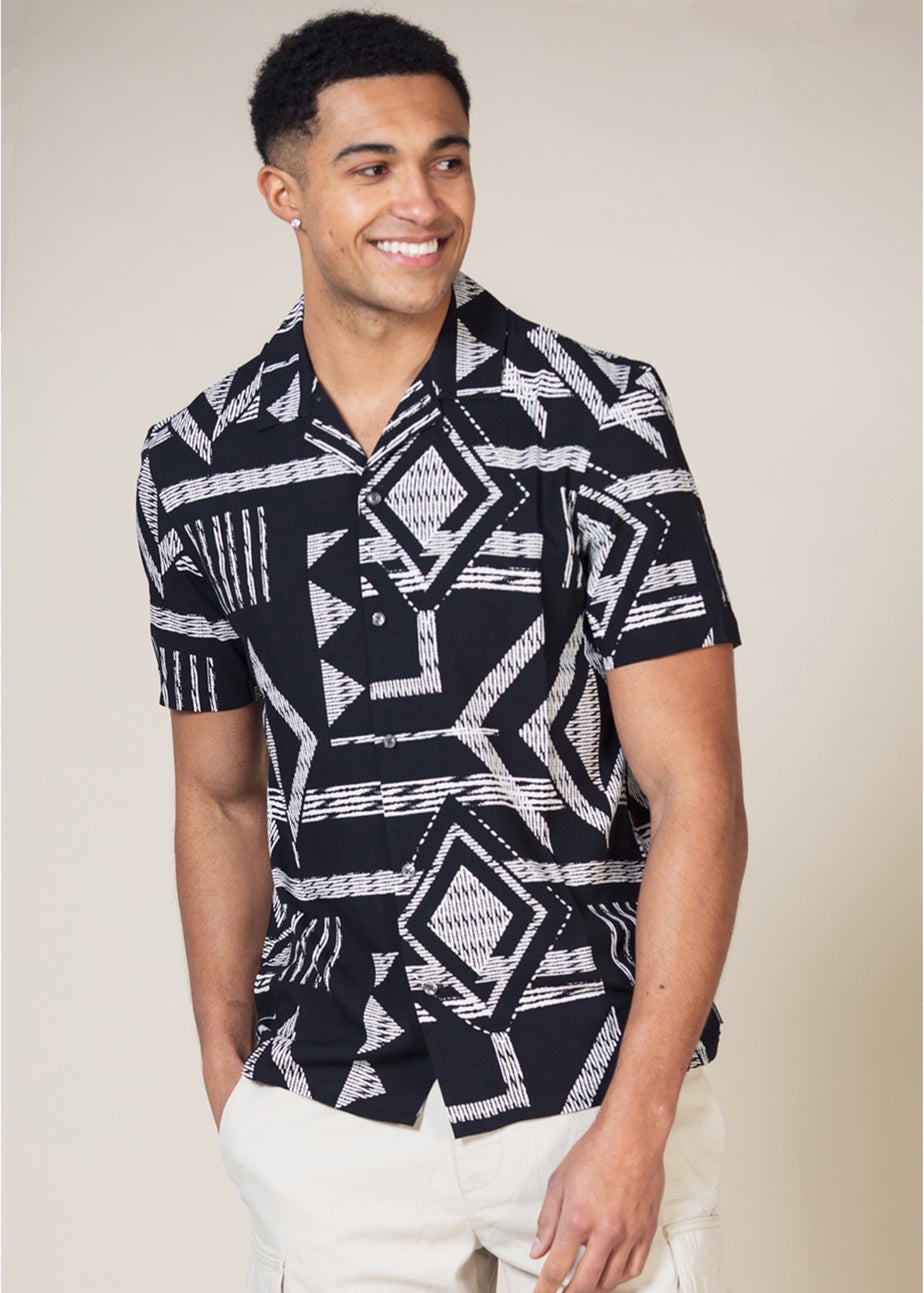 French Connection Black Tribal Print Short Sleeve Shirt