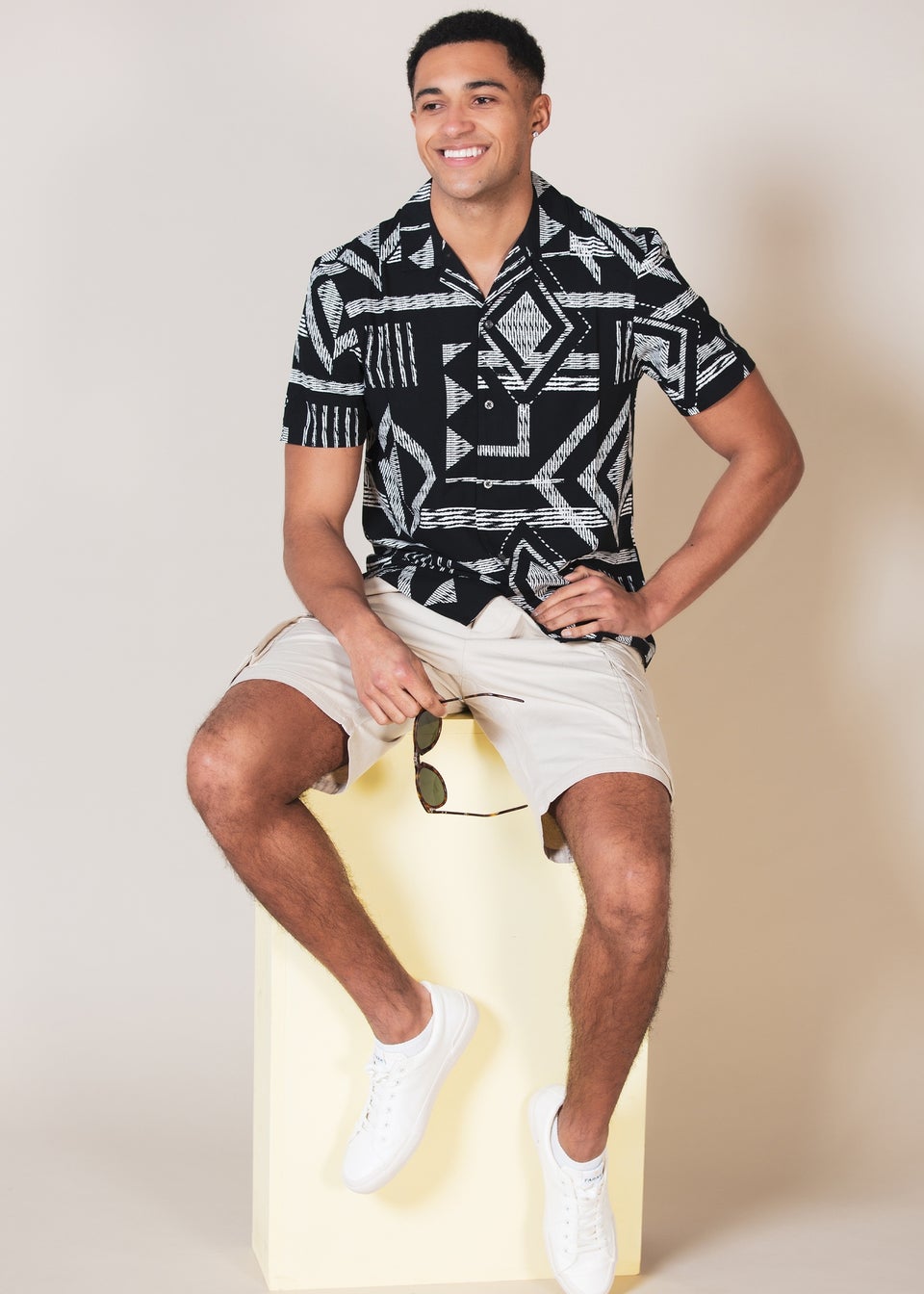 French Connection Black Tribal Print Short Sleeve Shirt