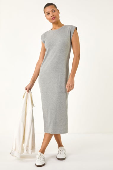Roman Grey Ribbed Cap Sleeve Midi Dress
