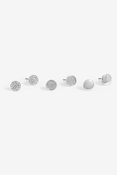 Mood Silver Crystal & Polished Round Stud Earrings Pack Of 3