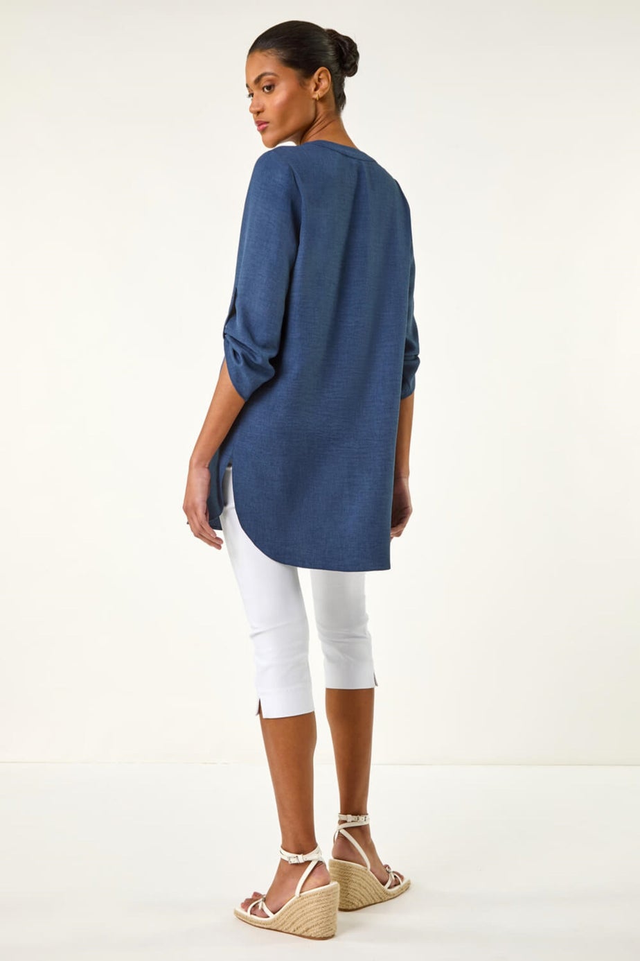 Roman Denim Horn Button Detail Longline Top