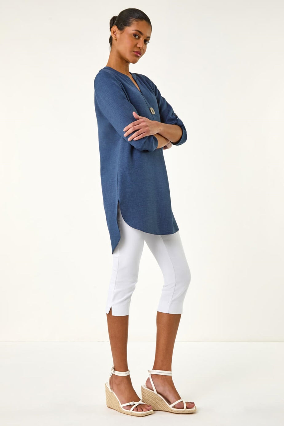 Roman Denim Horn Button Detail Longline Top