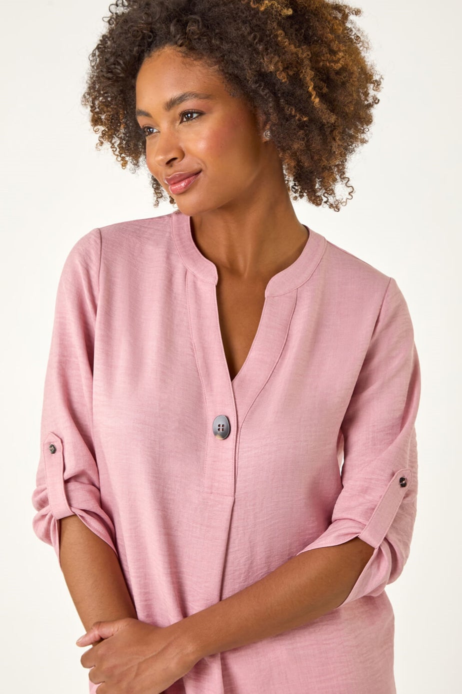 Roman Rose Longline V Neck Button Tunic Top