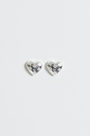 Simply Sterling Silver 925 Cubic Zirconia Scattered Stone Heart Stud Earrings