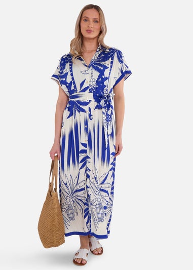 Gini London Blue Tropical Print Midi Shirt Dress