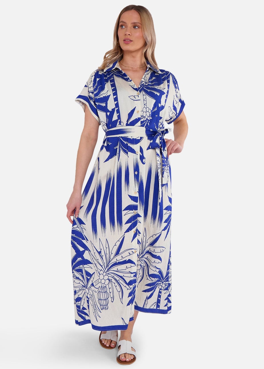 Gini London Blue Tropical Print Midi Shirt Dress