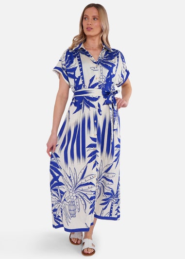 Gini London Blue Tropical Print Midi Shirt Dress