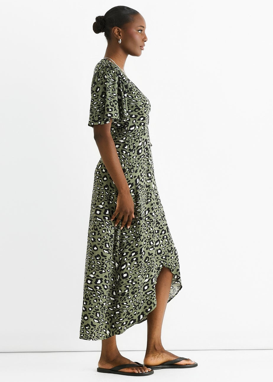 Gini London Khaki Animal Print Viscose Wrap Midi Dress
