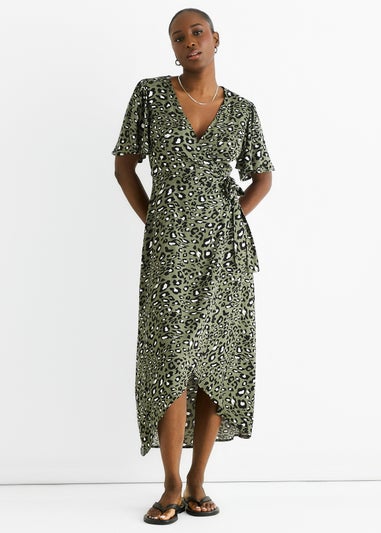Gini London Khaki Animal Print Viscose Wrap Midi Dress
