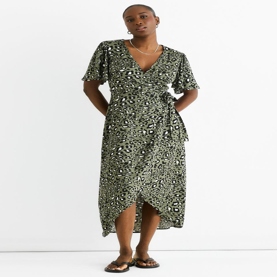 Gini London Khaki Animal Print Viscose Wrap Midi Dress