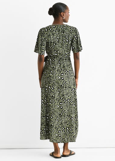 Gini London Khaki Animal Print Viscose Wrap Midi Dress