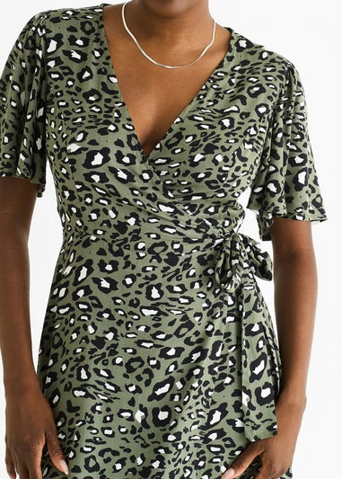 Gini London Khaki Animal Print Viscose Wrap Midi Dress