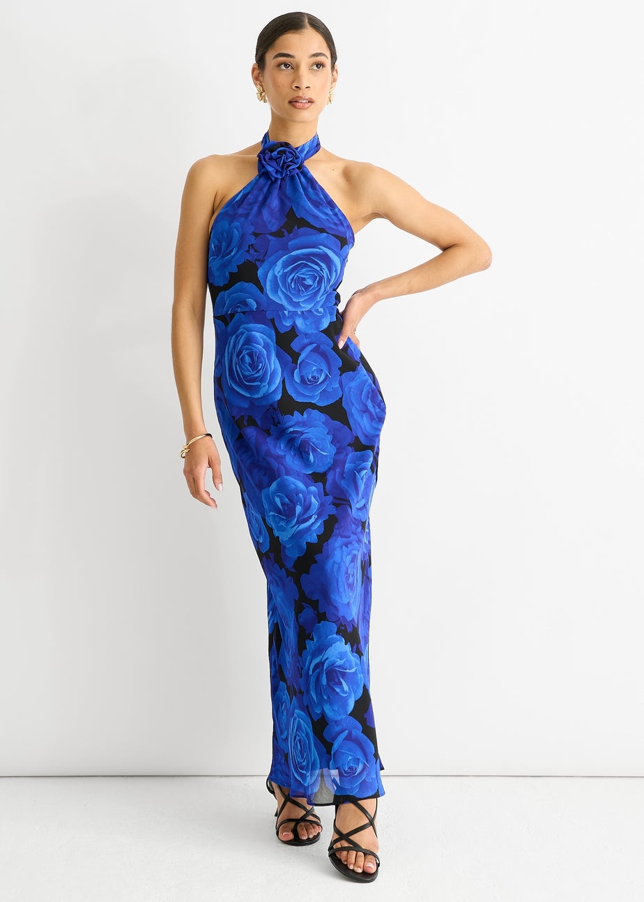 Gini London Blue Floral Occasion Halter Maxi Dress