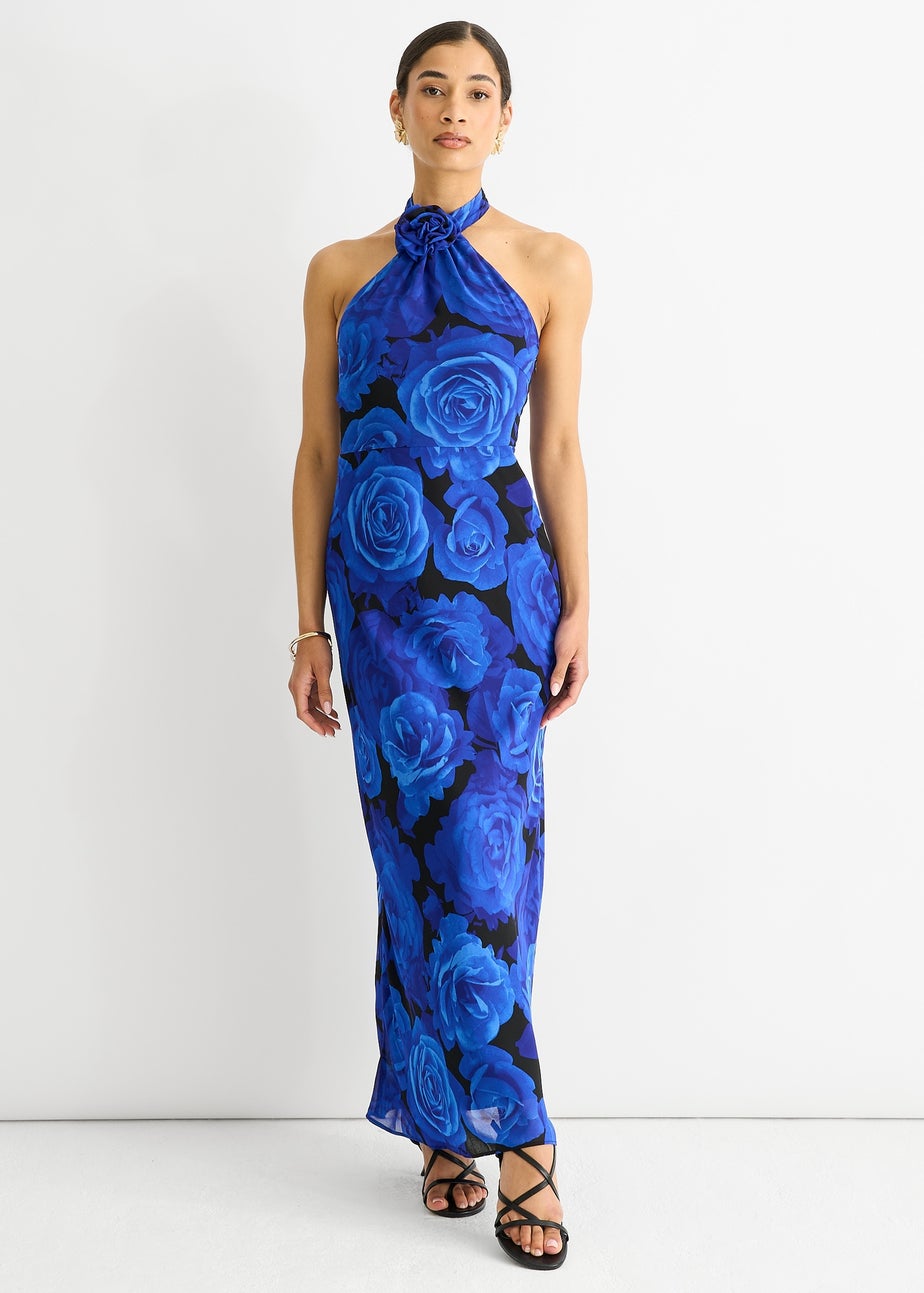 Gini London Blue Floral Occasion Halter Maxi Dress