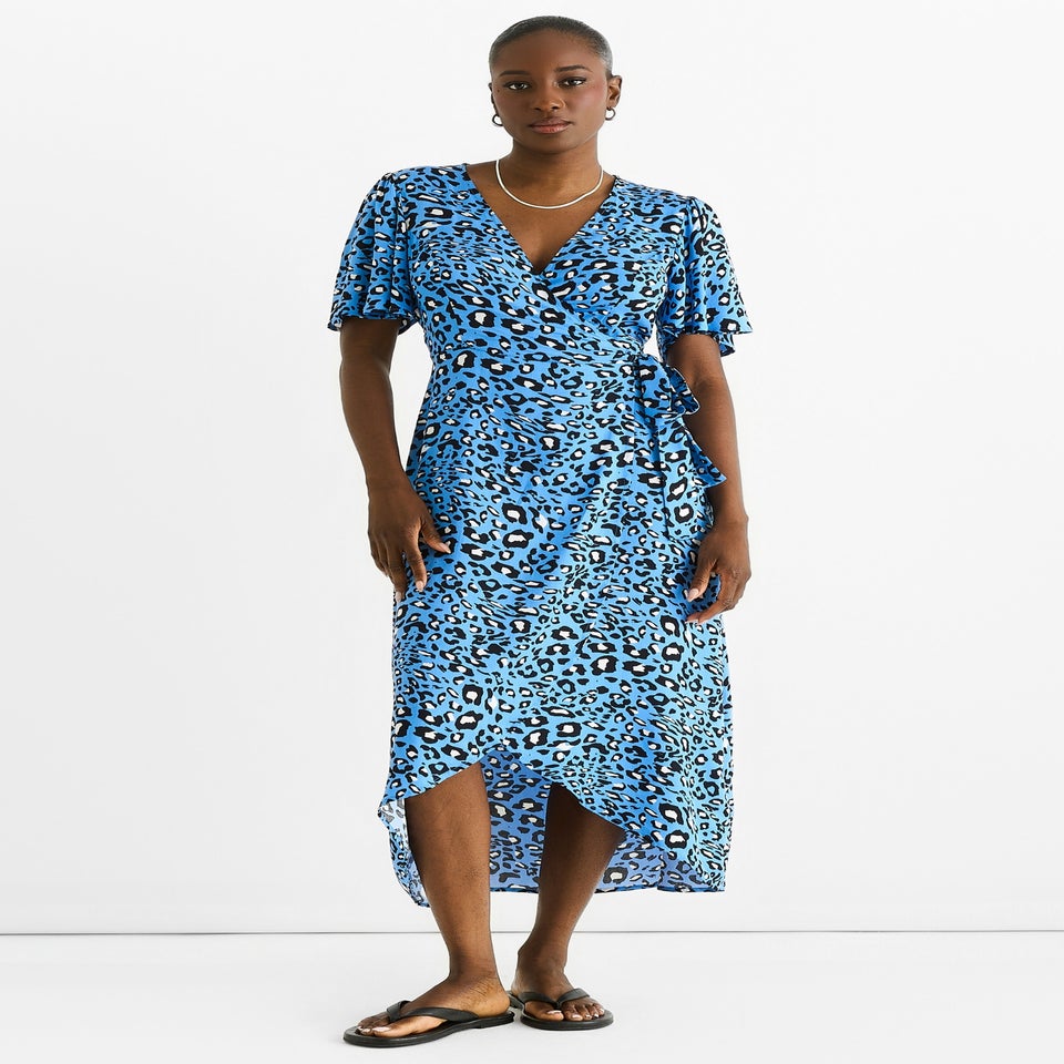Gini London Blue Animal Print Viscose Wrap Midi Dress