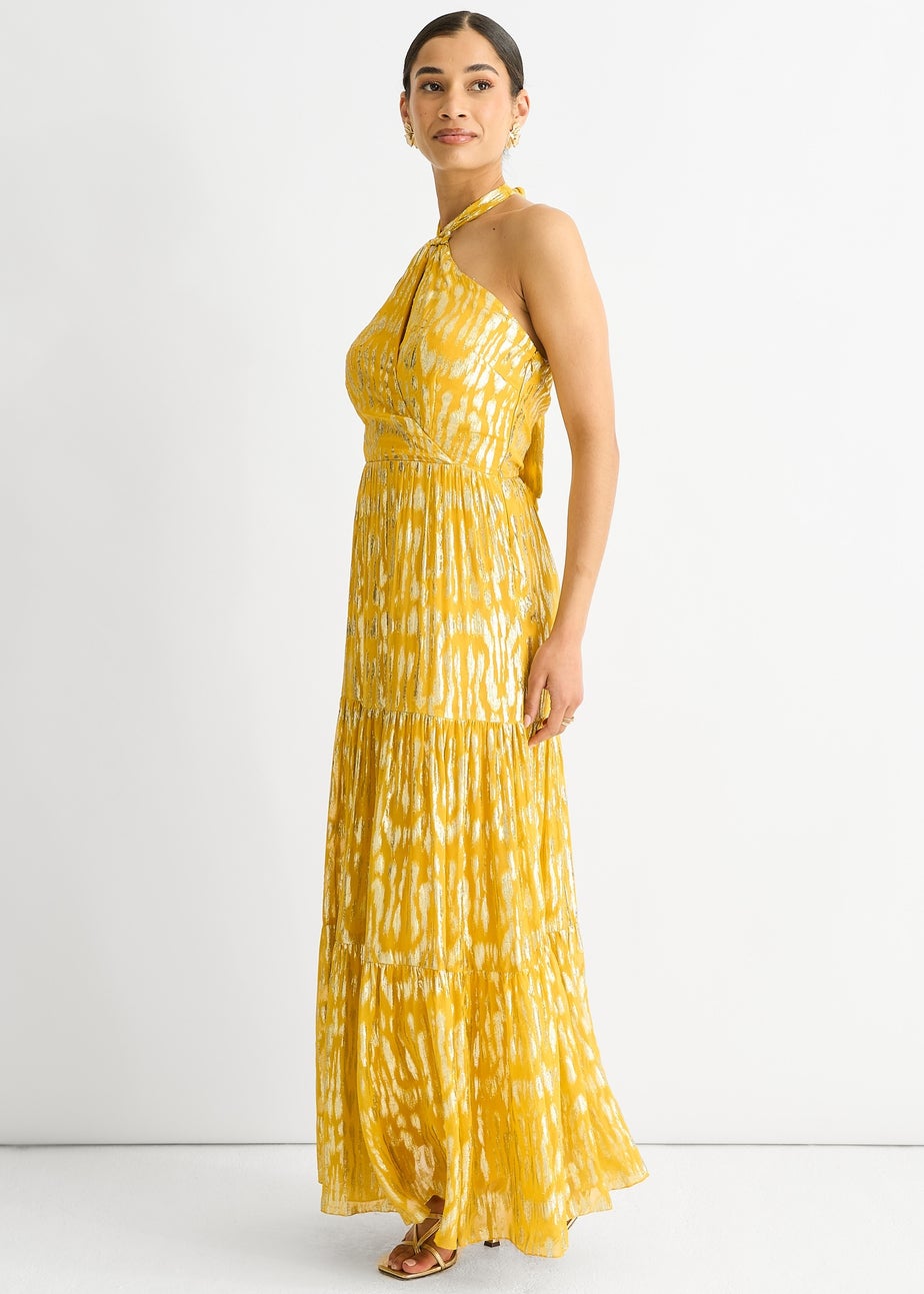 Gini London Yellow Animal Jacquard Halter Neck Maxi dress