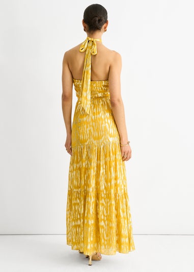 Gini London Yellow Animal Jacquard Halter Neck Maxi dress