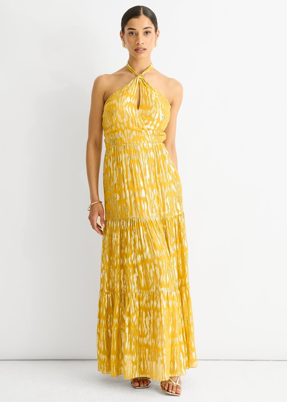 Gini London Yellow Animal Jacquard Halter Neck Maxi dress