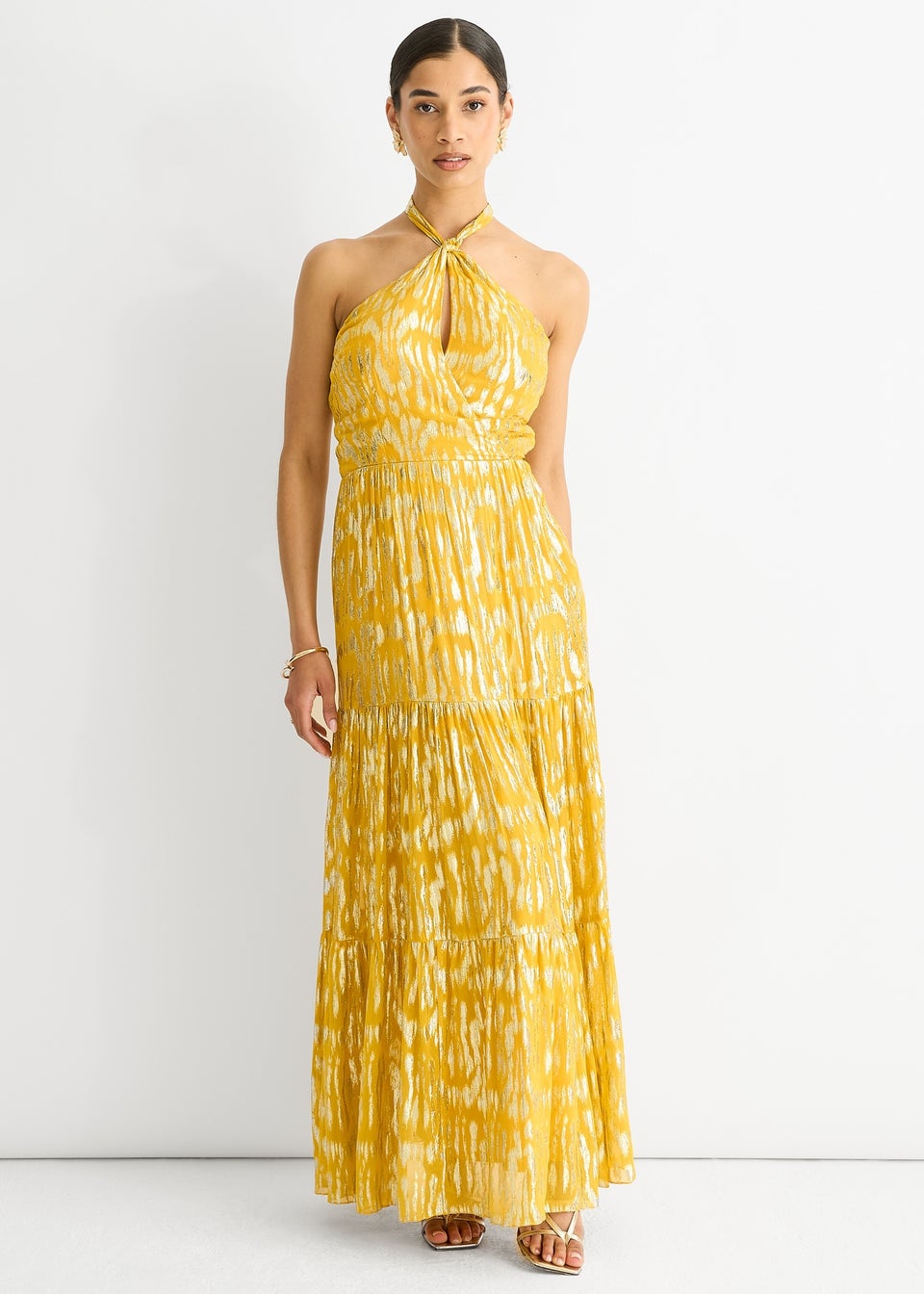 Gini London Yellow Animal Jacquard Halter Neck Maxi dress