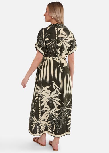 Gini London Khaki Tropical Print Midi Shirt Dress