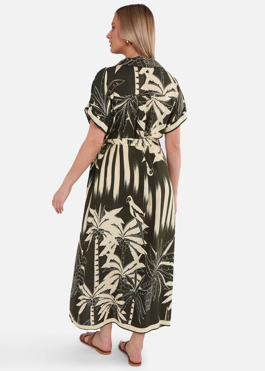 Gini London Khaki Tropical Print Midi Shirt Dress