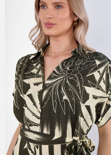 Gini London Khaki Tropical Print Midi Shirt Dress