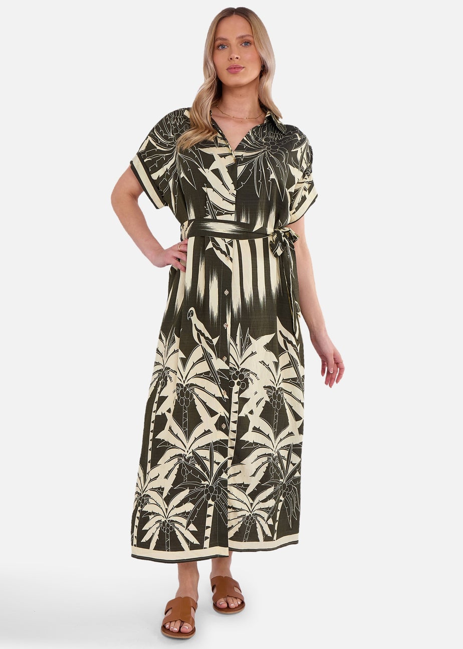 Gini London Khaki Tropical Print Midi Shirt Dress