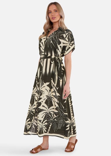 Gini London Khaki Tropical Print Midi Shirt Dress