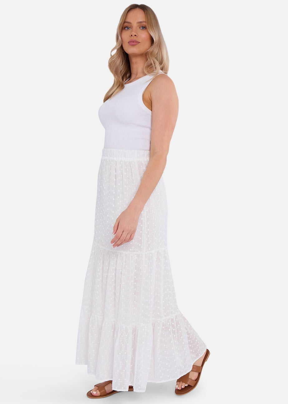 Gini London White Cotton Broderie Skater Maxi Skirt