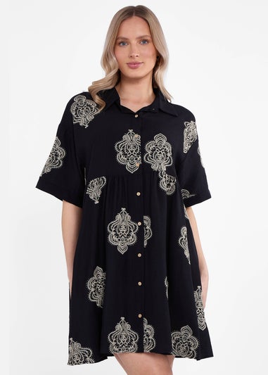 Gini London Black Embroidery Smock Oversized Mini Shirt Dress
