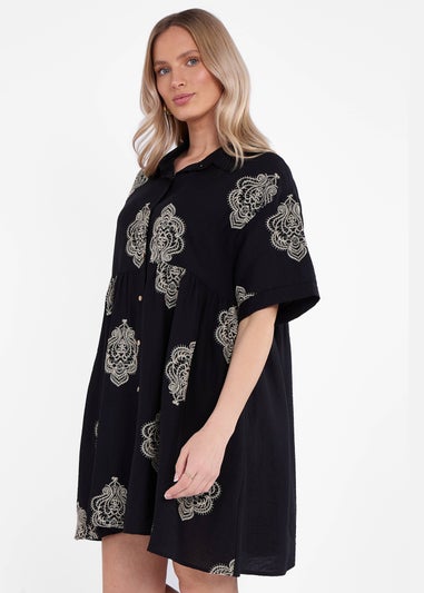 Gini London Black Embroidery Smock Oversized Mini Shirt Dress