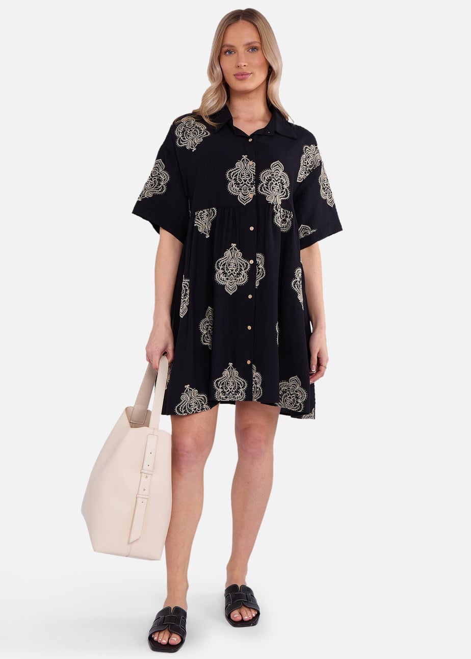 Gini London Black Embroidery Smock Oversized Mini Shirt Dress