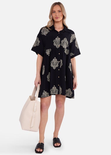 Gini London Black Embroidery Smock Oversized Mini Shirt Dress