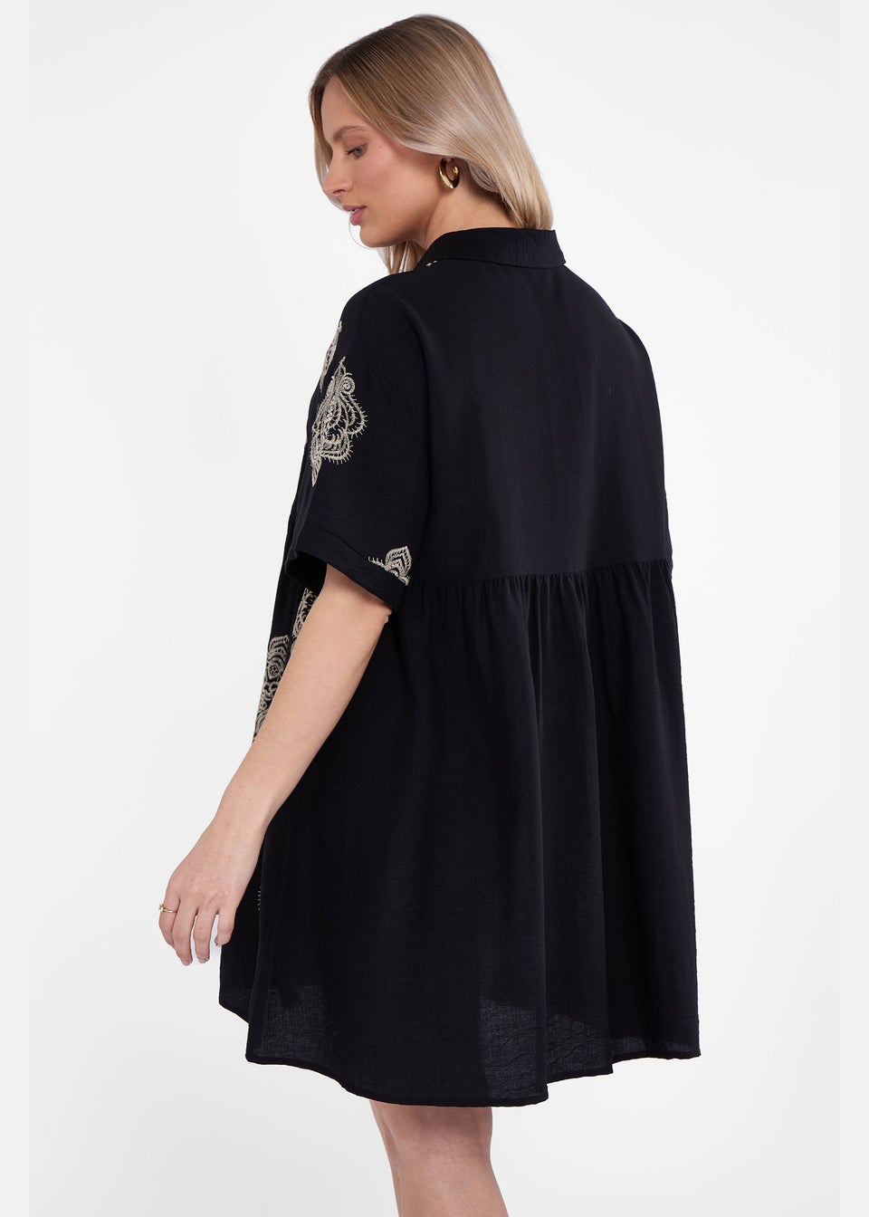 Gini London Black Embroidery Smock Oversized Mini Shirt Dress