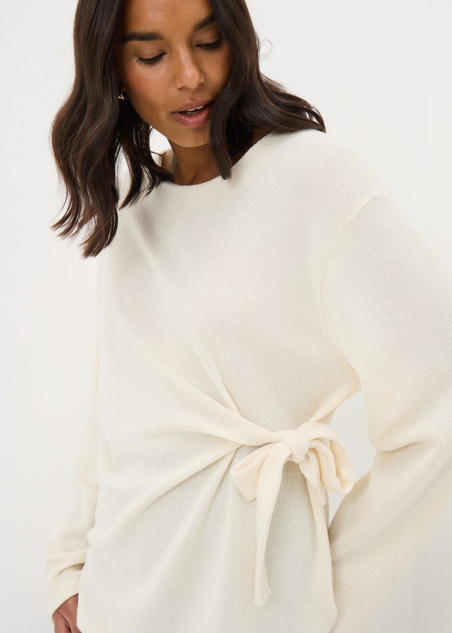 Cream Knot Front Long Sleeved Top
