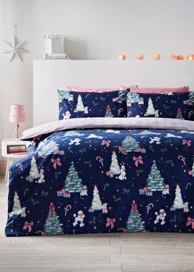 Navy Christmas Tree Reversible Bow Duvet Cover Set