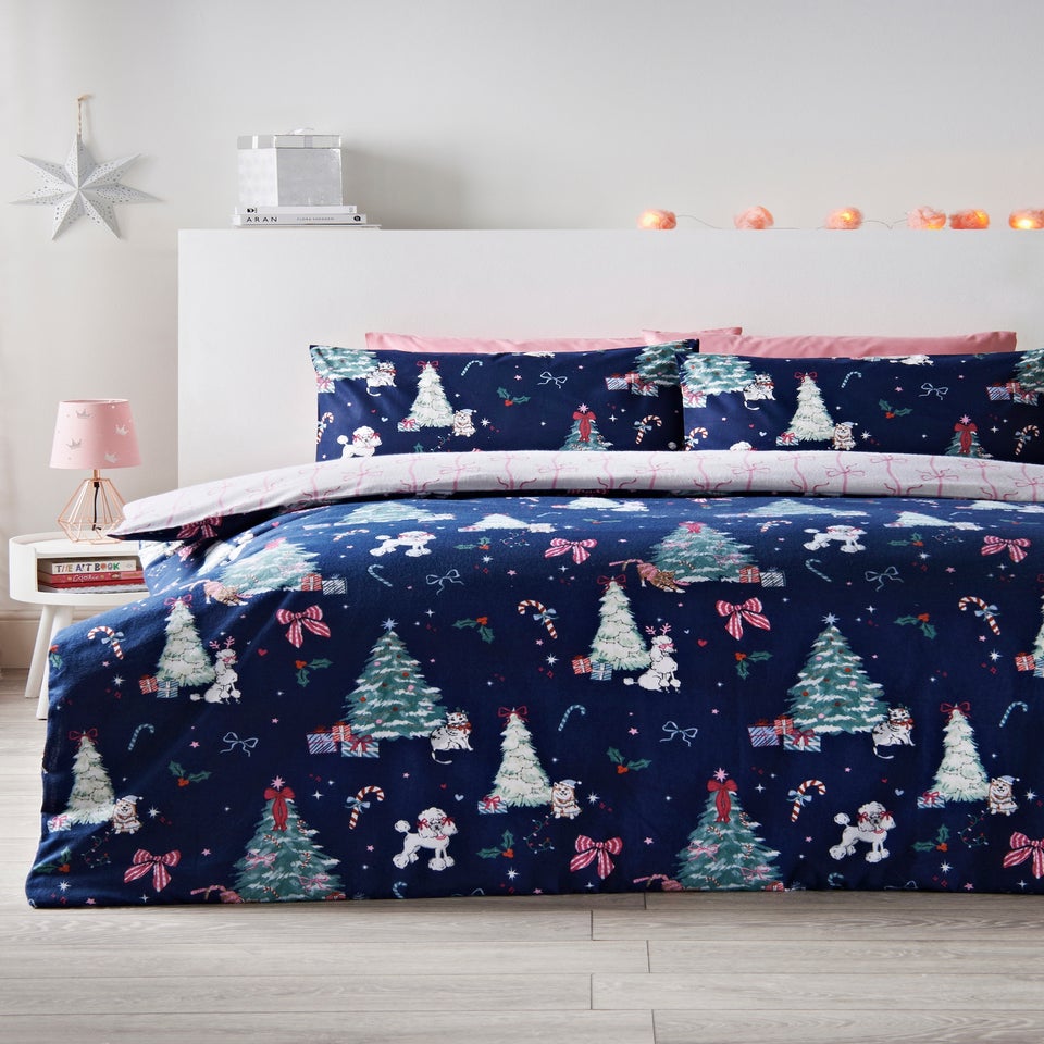 Navy Christmas Tree Reversible Bow Duvet Cover Set
