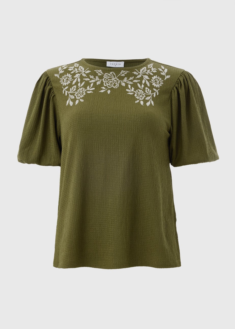 Khaki Textured Embroidered T-Shirt