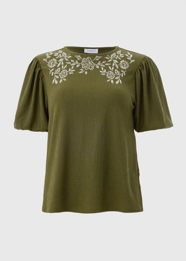 Khaki Textured Embroidered T-Shirt