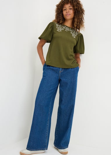 Khaki Textured Embroidered T-Shirt