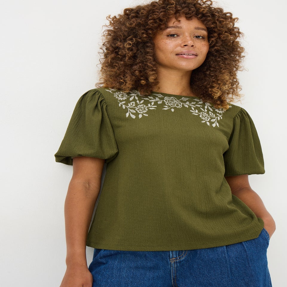 Khaki Textured Embroidered T-Shirt